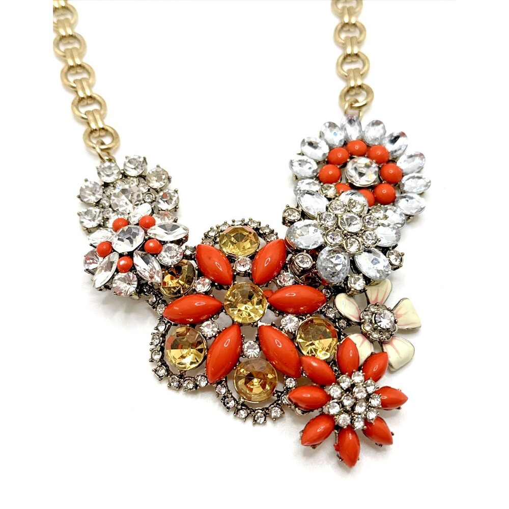 Ornate LESLIE DANIZ Floral Bib Necklace Coral Red Amber Crystals Statement 18"